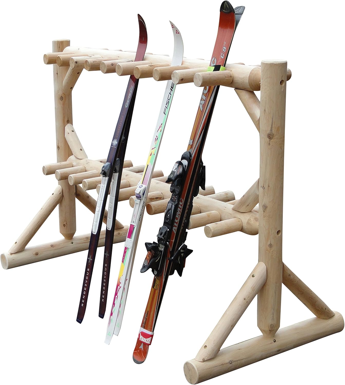 17-Pair Freestanding Skis + Snowboard Log Rack, Standing Shorter Ski Storage Racks, Snowboard Sports Organizer, Ski Poles Garage Sports Equipment Organizer, Rack for Snowboards - Natural