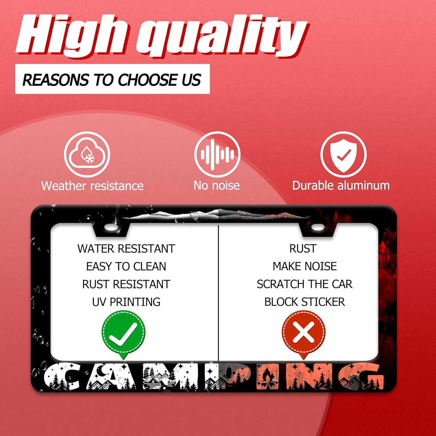 Camping License Plate Frame Mountains License Plate Holder Forest for Car Decorative Parts Stainless Stee License Plate for Standard Us Canada Funny License Plate Frames 12x6 Inch