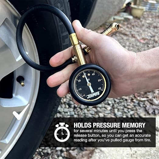 Tire Pressure Gauge for Cars and Trucks. 0-60 PSI Calibrated to ANSI B.40.1 Accuracy. Large 2 Inch Easy to Read Gauge and Long Hose with 360 Degree Rotation at Each End.