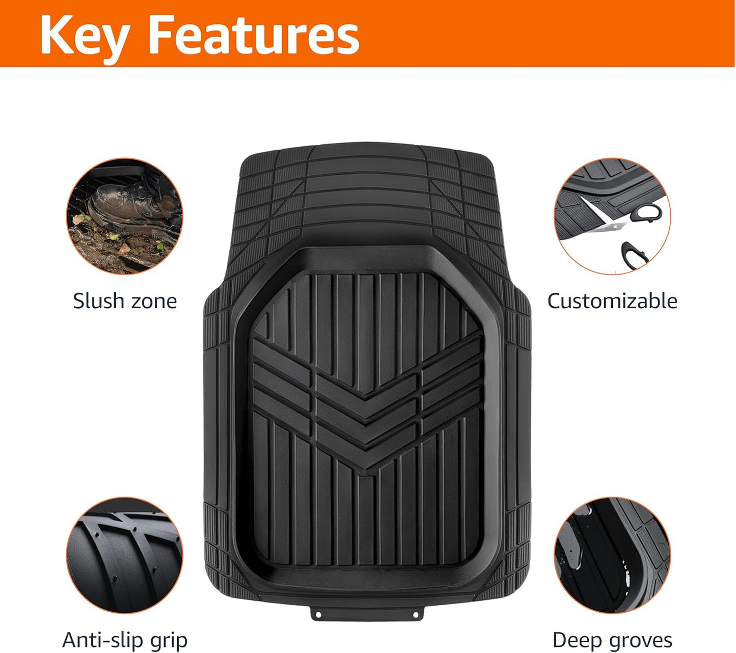 Amazon Basics 3-Piece All-Weather Heavy Duty, Full Set Rubber Floor Mats for Universal Fit in Cars, SUVs, and Trucks, Black, Trim to Customize