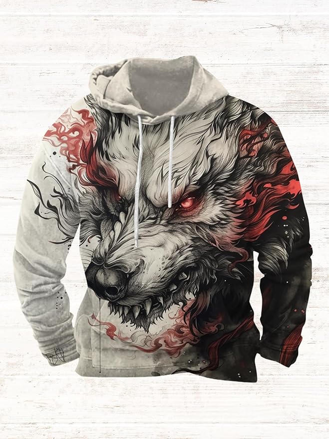 Mens Animal Print Graphic Hoodies Casual Long Sleeve Japanese Art Style Hooded Sweatshirt Lightweight Pullover Tops