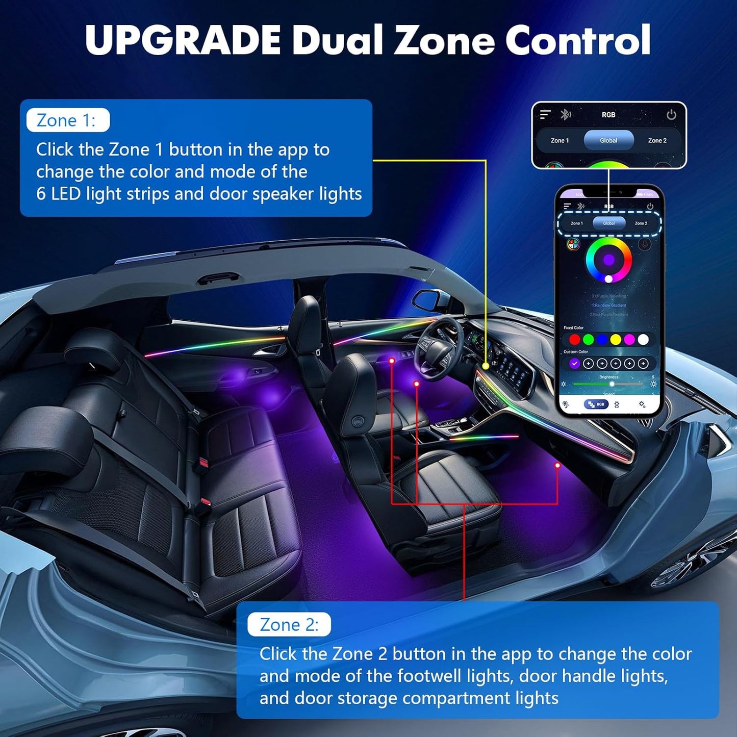 2025 Upgraded Dreamcolor Acrylic Interior Car LED Strip Light with Self-Developed App RGB 10 in 1 | Dual Zone Control | Super Brighter LED Strips | Music Sync | 16M Colors Interior Led Lights for Cars