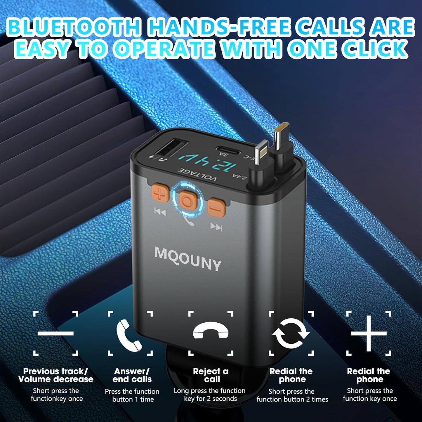 Retractable Car Charger,5 in 1 Fast Cars Phone Charger 60w,Bluetooth 5.3 FM Transmitter Adapter,Handsfree Call,MP3 Player,2 Retractable Cables and USB Chargers, for Phone,Galaxy,Pixel (Black)