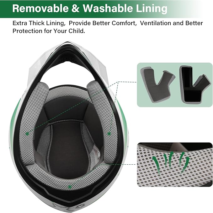 XFMT DOT Youth Kids Dirt Bike Helmet Full Face Motocross Helmets for Off-Road ATV Street Bike Four Wheeler Motorcycle with Goggles & Gloves, Green Star Medium