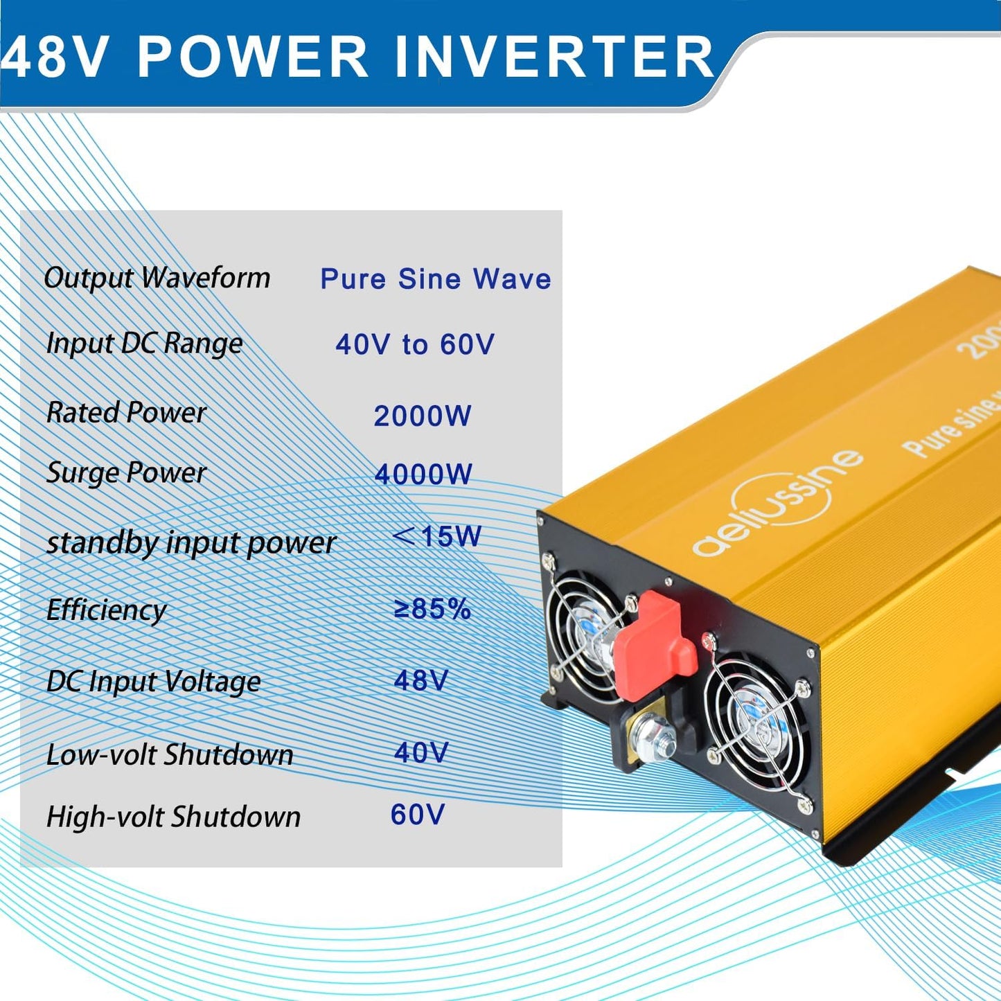 2000W Pure Sine Wave Inverter-48V DC to 110V 120V AC Power Converter with 2 AC Outlets, 48 Volt Power Inverter for Truck, Rv, Camping, Home, Emergency Power
