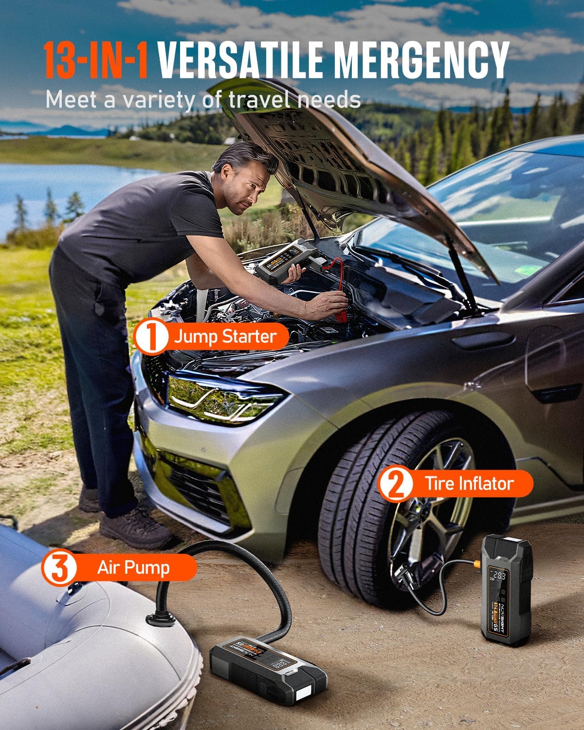 NOVSIGHT Jump Starter With Air Compressor - 6000A 13-in-1 Portable Jump Box for Car Battery, 12V Jump Starter Power Pack(ALL Gas/10L Diesel) 150PSI Auto-Shut Tire Inflator & Air Inflator/Deflator Pump