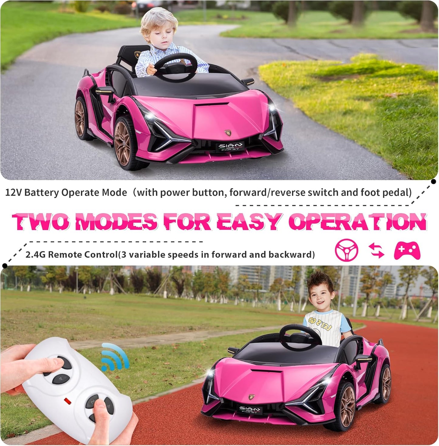 Licensed Lamborghini SIAN Kids Electric Ride On Car Toy by TOBBI, 12V Battery Powered Vehicle with Parent Remote Control for Toddlers 3-6 to Drive w/Functions/Seatbelt/Horn/LED Lights-Pink