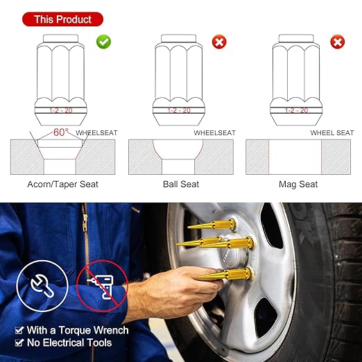 32Pcs M14x1.5 Spike Lug Nuts, 4.4" Tall Acorn Style with Socket Key – Pointed 7-Slotted Wheel Accessories Compatible with Chevy Silverado, Ford F-Series, GMC, Glod