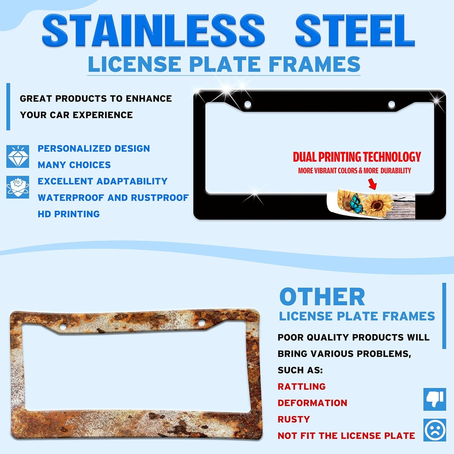 Black White Butterfly License Plate Frame Funny Butterflies License Plate Holder for Front or Rear Car Tags Reusable Durable Stainless Steel Car Decoration with Screws 6.3 X 12.2 Inch for Men Women