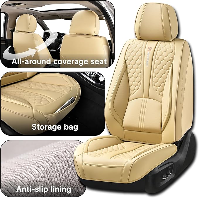 Beige Leather Car Seat Covers - Luxury Waterproof Car Seat Protectors with Lumbar Support, Non-Slip Base, Airbag Compatibility, Easy Installation and Cleaning