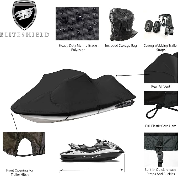 EliteShield Trailerable Jet ski Cover, Waterproof Tear and Fade Resistant Polyester Fits Stand-UP to 3 Seater Sea doo Yamaha Kawasaki waverunner PWC Covers (Fits from 116"-125"(2 Seater))