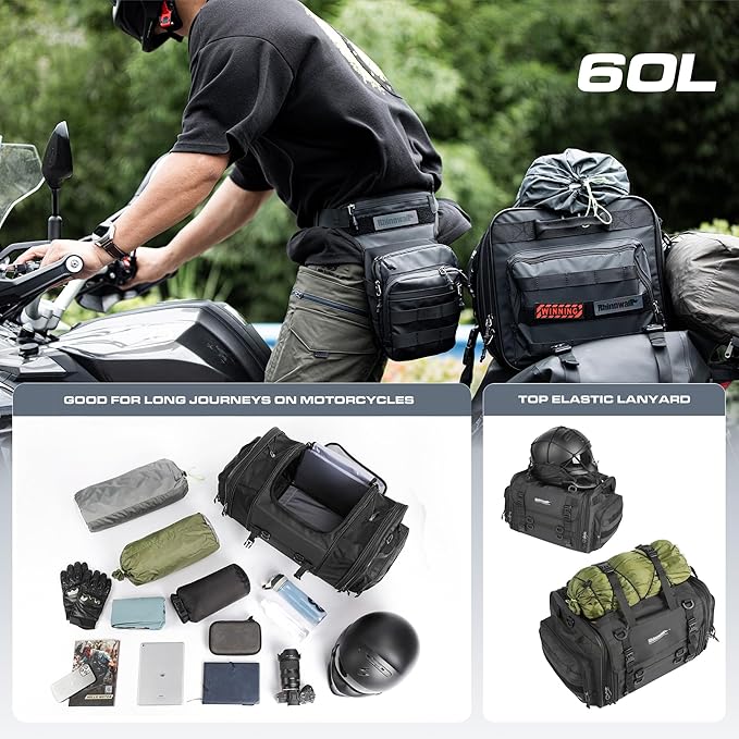 Rhinowalk Motorcycle Tail Bag Waterproof Saddlebag 40L to 60L Expandable Large Capacity Luggage for Motorbike Touring, Durable Powersports Travel Storage (60L, Black)