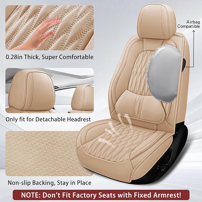 WELLDO Car Seat Covers Full Set, Premium Nappa Leather Seat Covers for Car, Waterproof Car Seat Protector with Lumbar Support, Automotive Seat Covers Universal Fit for Most Cars SUV Truck, Beige-white