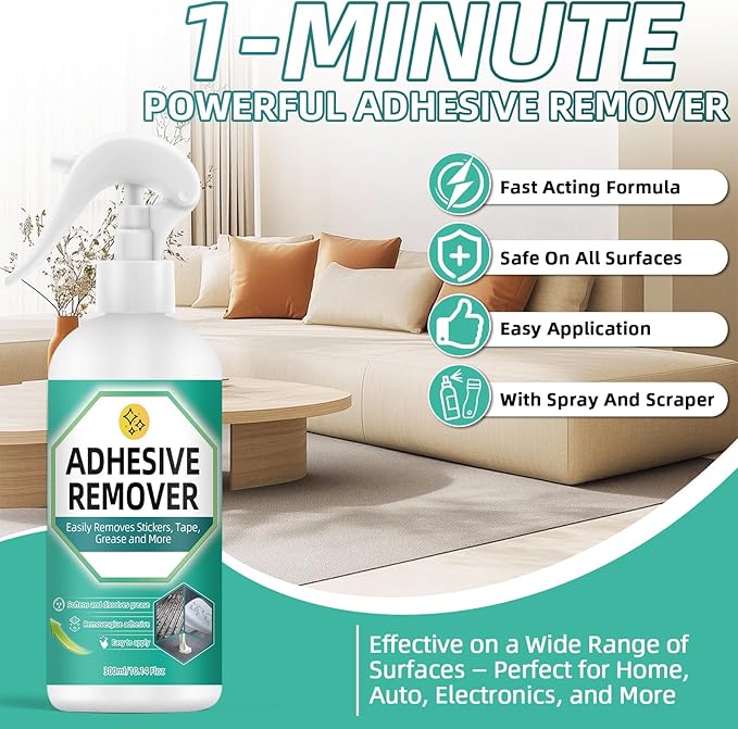 Adhesive Remover Spray, 10.14 Floz Glue Remover with Plastic Scraper and Towel, Surface Safe Sticky Stuff Remover for Car, Windows, Floor, Sticker Remover Rapidly Removes Labels, Gum, Tape, Wax