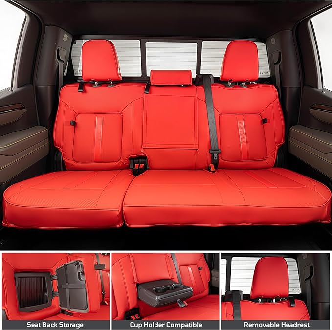 Seat Covers Fit for Chevy Silverado 1500 & GMC Sierra 1500 Crew Cab(2019-2025),Faux Leather Automotive Seat Covers,Custom Pickup Car Seat Covers Full Set,Red(with Rear Cup Holder/Seat Back Storage)