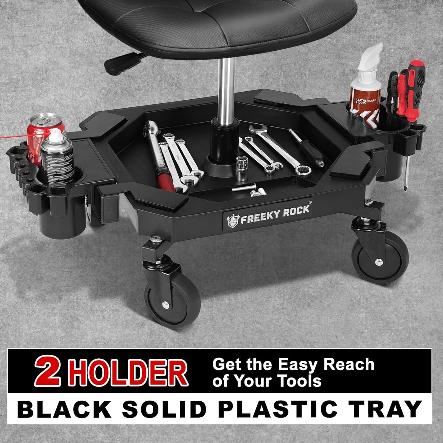 Rolling Stool with Wheels, Adjustable Height Pneumatic Garage Work Mechanic Stool Seat with Backrest, 400 LBS Capacity 360° Swivel Mechanic Crepper Chair with Tool Tray Storage, Black