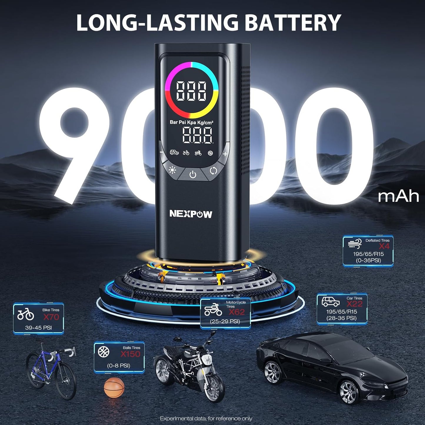 NEXPOW NP17 Portable Air Compressor, 150 PSI Digital Tire Inflator, Fast Inflation with Auto Shut-Off, LED Light, Multiple Nozzles for Car, Bike, and Ball, Compact Design, Grey