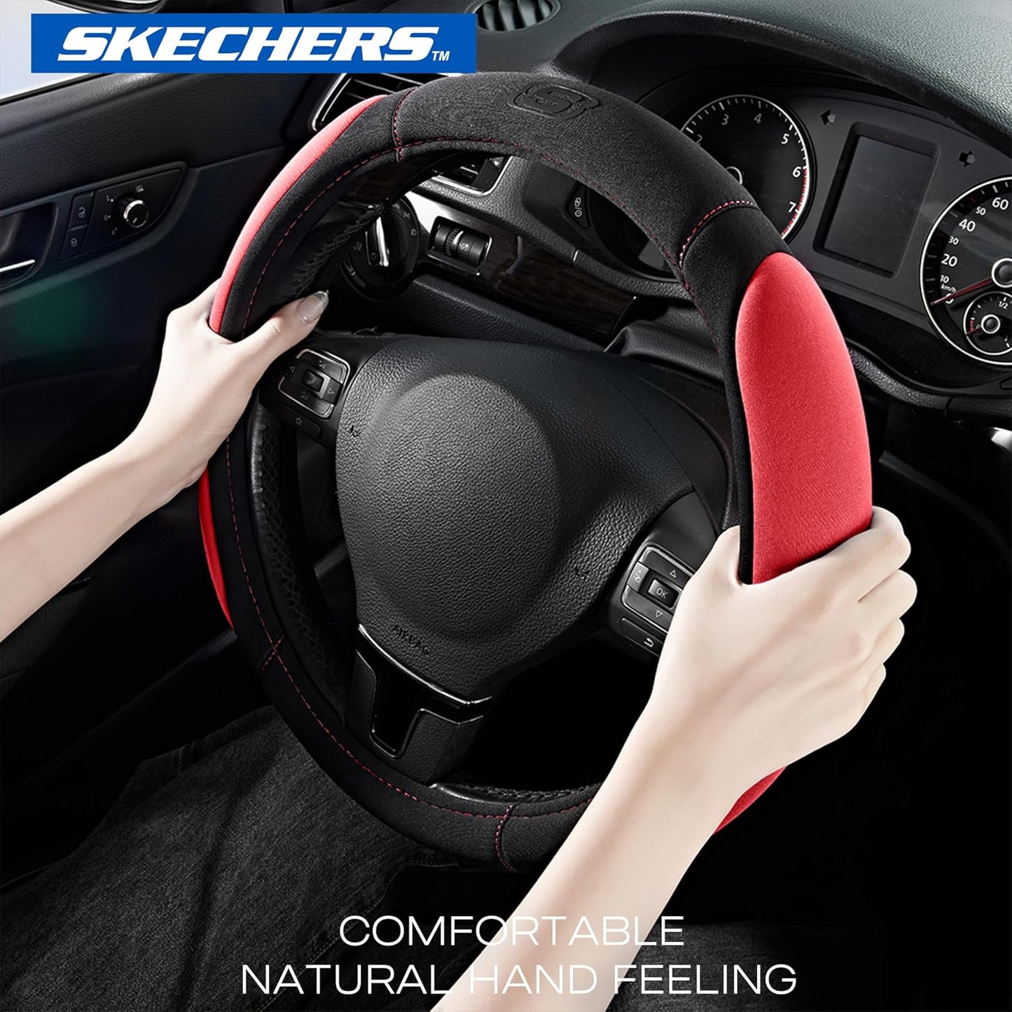 Skechers Steering Wheel Cover,Memory Foam Car Steering Wheel Cover,14.5-15inch Anti-Slip Safety Comfortable Desgin, Universal Accessory for Diverse Cars, Truck,SUV (Black & Red)
