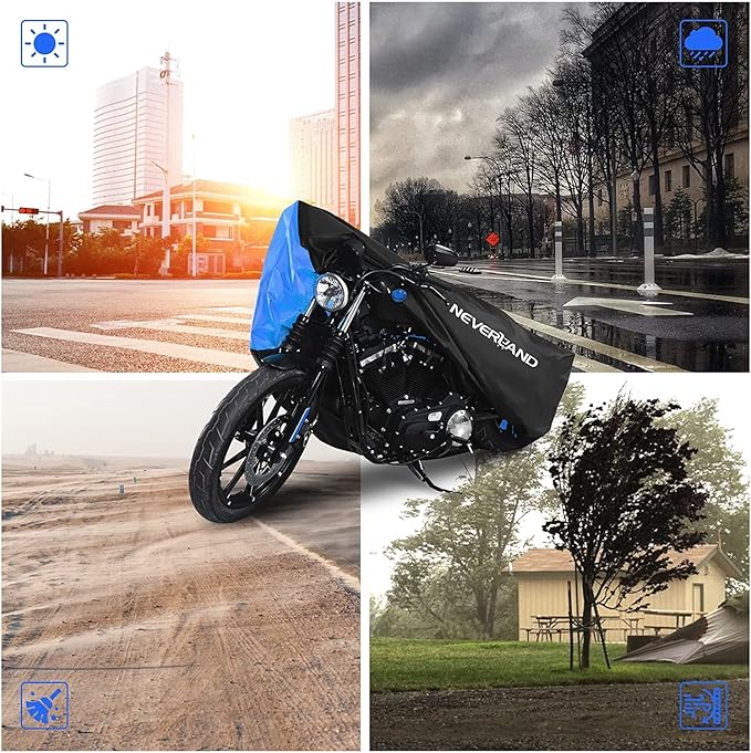 NEVERLAND Motorcycle Cover Waterproof Outdoor - Motorbike Scooter Covers Heavy Duty Medium with Lock-Holes, Bandage, Storage Bag Compatible with Harley Davidson Kawasaki Yamaha Honda Grom (Up to 86”)