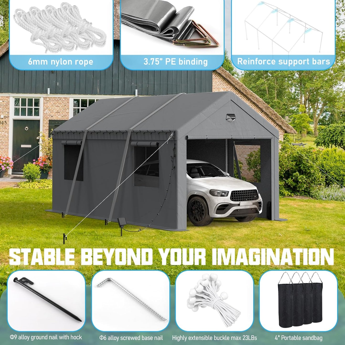 10x16 Carport, Heavy Duty Carport Canopy Garage with Removable Sidewalls and Drive Through Roll Up Zipper Doors, Grey