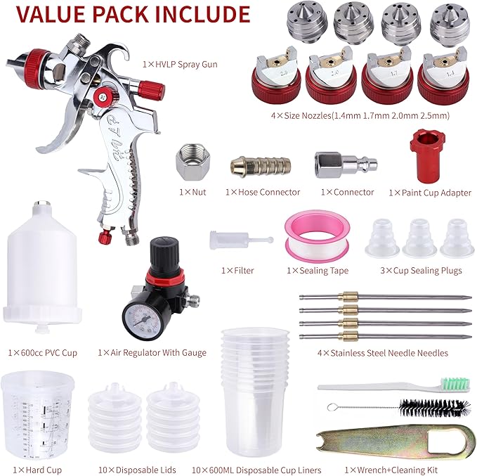 HVLP Spray Gun with 10Pcs 600ML Disposable Paint Cups, Automotive Gravity Feed Spray Gun Kit with 4 Nozzles,1.4/1.7/2.0/2.5mm, Sprayer Gun with Air Compressor Regulator for Auto Paint (RED)