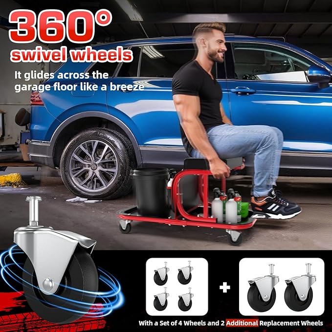 Rolling Shop Stool Chair with Wheels, Mechanic Garage Stool on Wheels, Auto Car Detailing Stools Seat with Tool Tray Storage for Garage Work, Workshop, Home, Garden, DIY, 300 LBS Capacity,Red