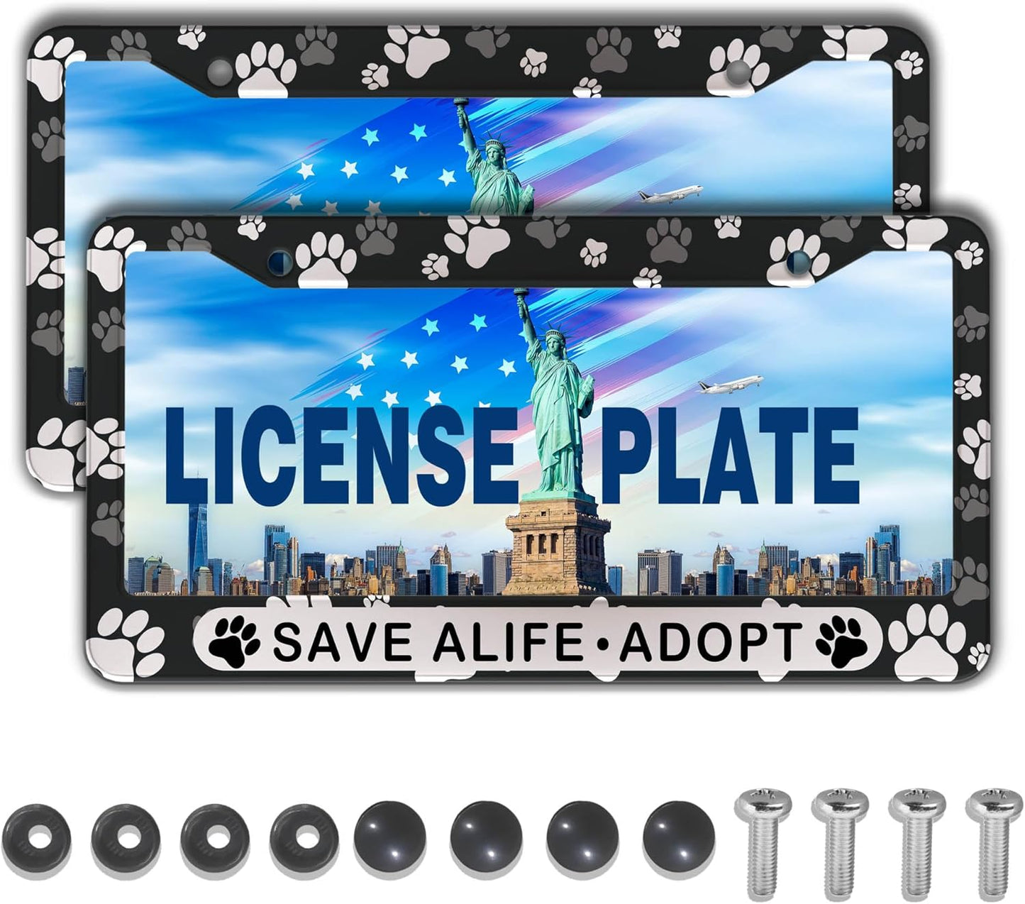 License Plate Holder Black and White License Plate Frames Save a Life Adopt Aluminum Metal Car Accessory 2 Pack with Screw Covers Set