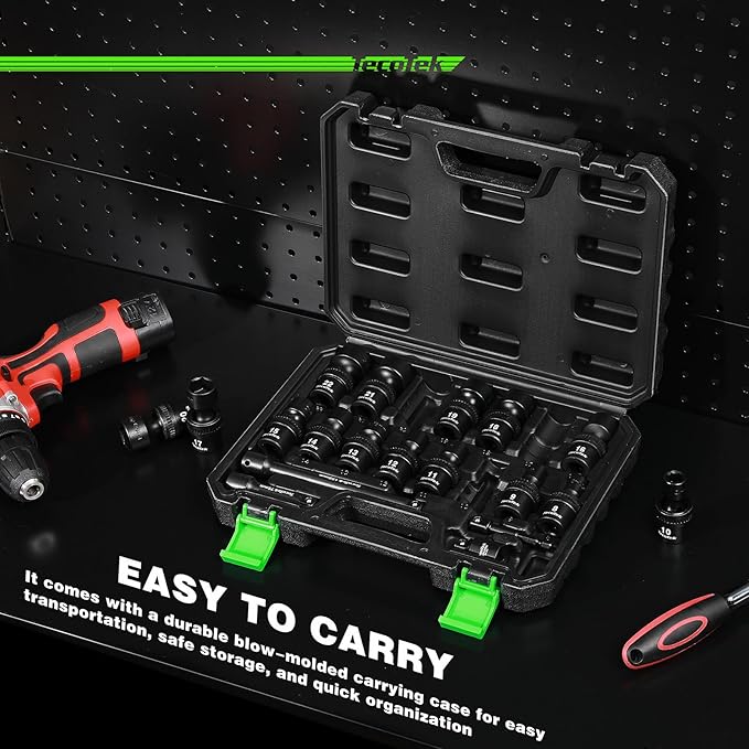 19 PCS 3/8" Drive Shallow Universal Impact Socket Set, Swivel Socket Set, 8-22mm, Metric Socket Set with Flexible Wobble, Cr-Mo Steel, Includes Extension Bars and Adapter