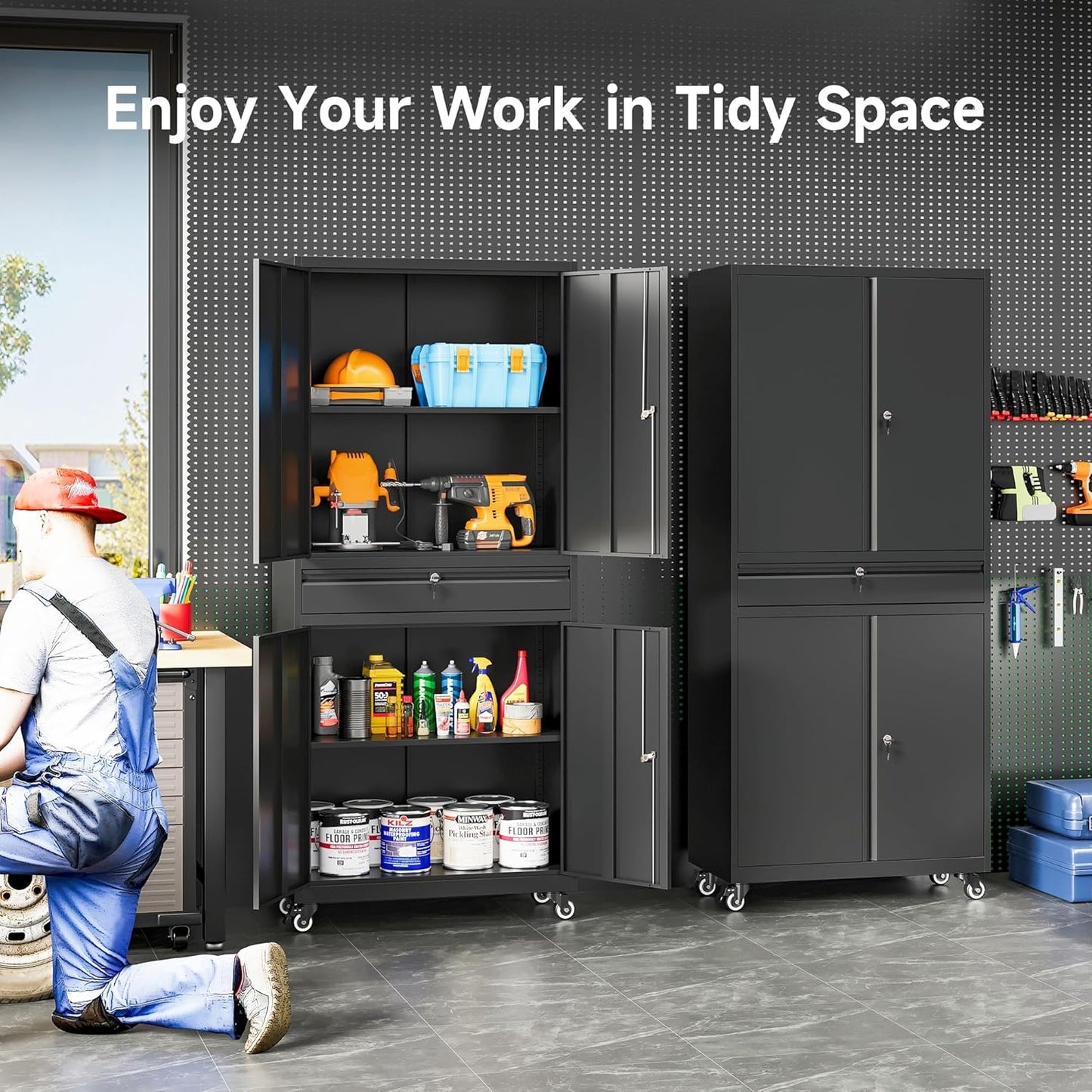 Metal Garage Storage Cabinet with Wheels and Drawer,73" Tall Black Rolling Garage Cabinet with Locking Doors and Adjustable Shelves,Mobile Metal Storage Cabinets on Wheels for Home,Office,Garages,Tool