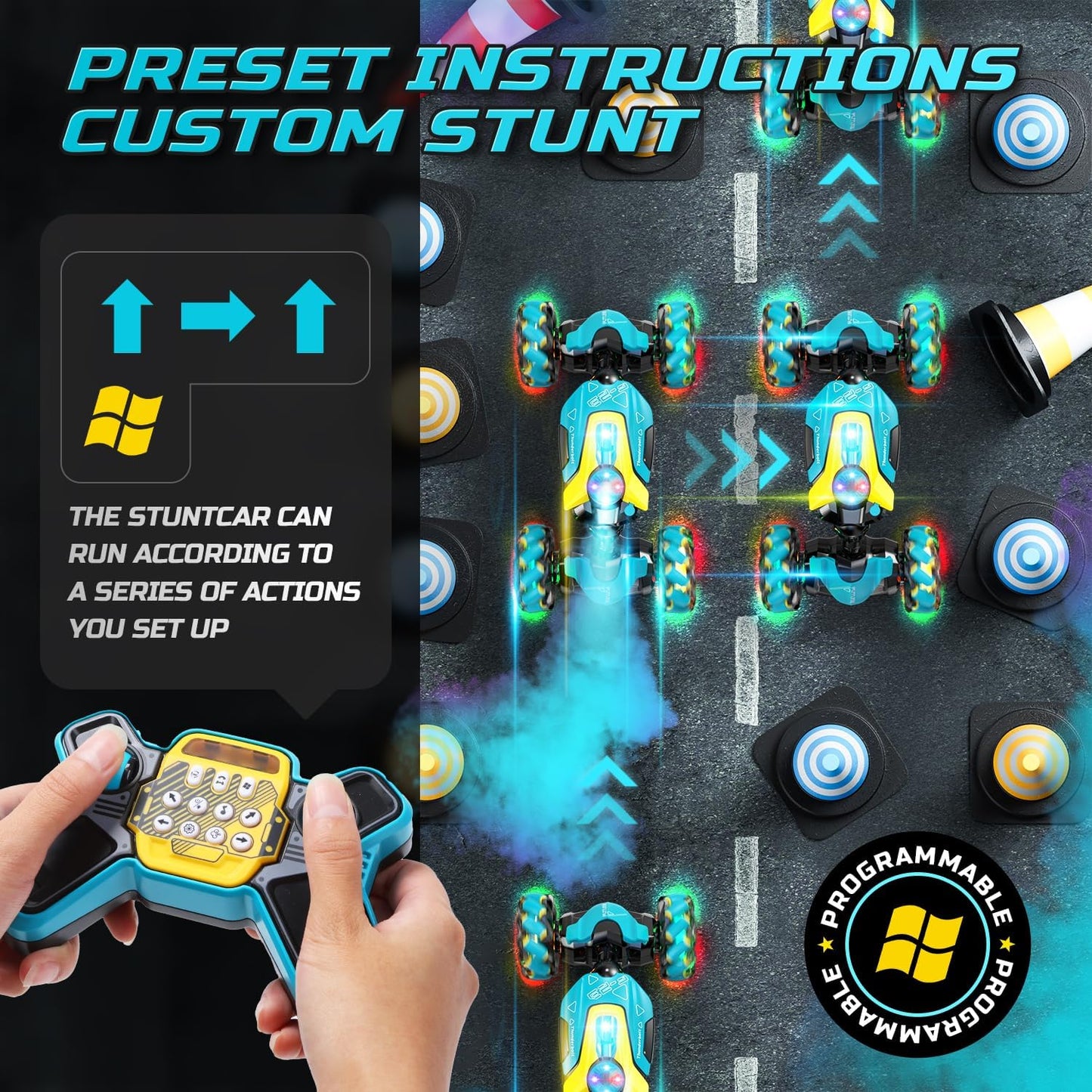 DEERC Gesture Sensing RC Stunt Car with Fog Mist & Music, 4WD Hand Controlled Remote Control Drift Car Toy for Kids, All Terrain Off-Road Double-Sided Driving with Lights, Birthday Gift for boy