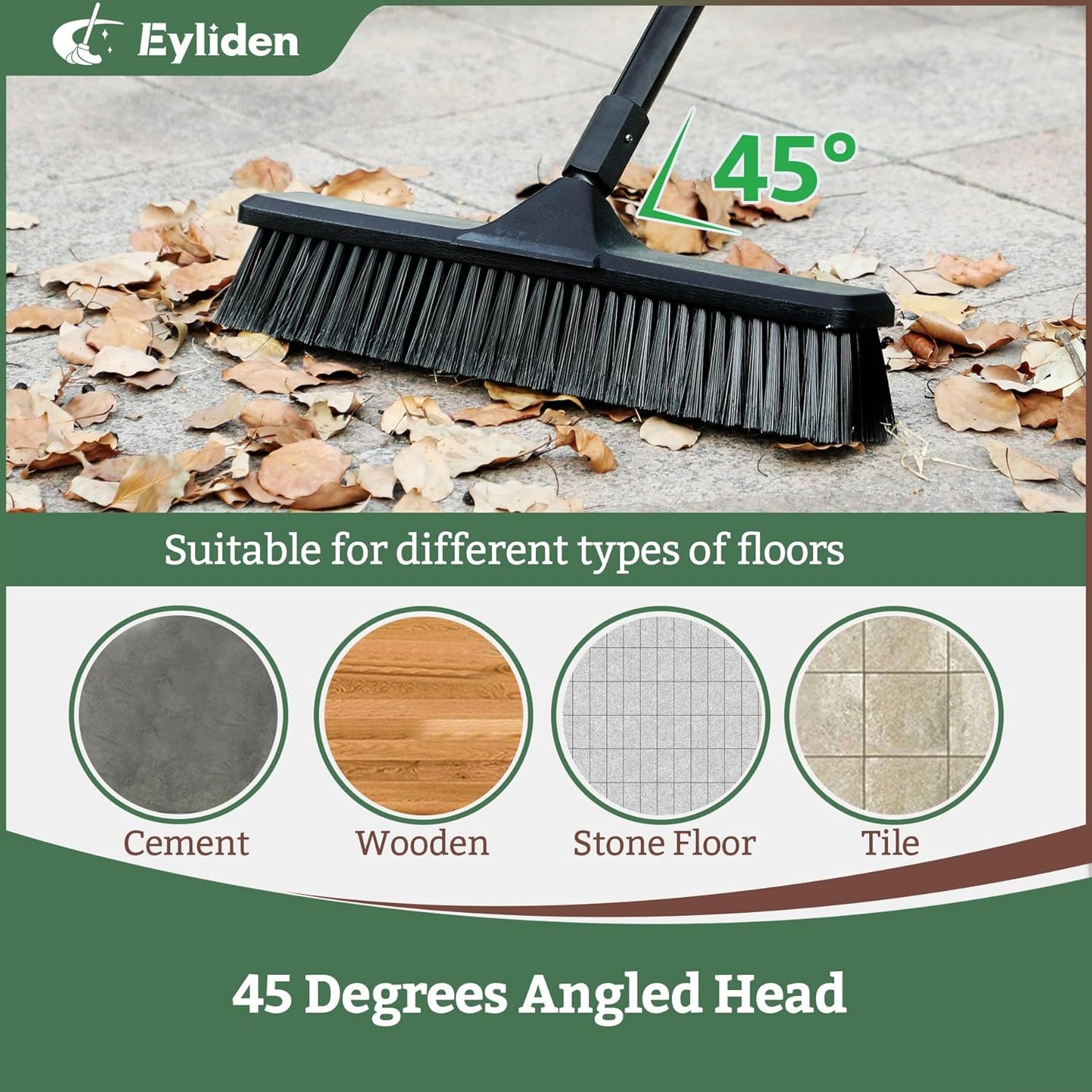 Eyliden Heavy Duty Push Broom 18" - Heavy-Duty, Stiff Bristles, 66" Long Handle - Sweeper Shop Brooms for Garage Concrete Sidewalk Driveway Yard Patio Deck Warehouse Sweeping, Sweep Snow (Black)
