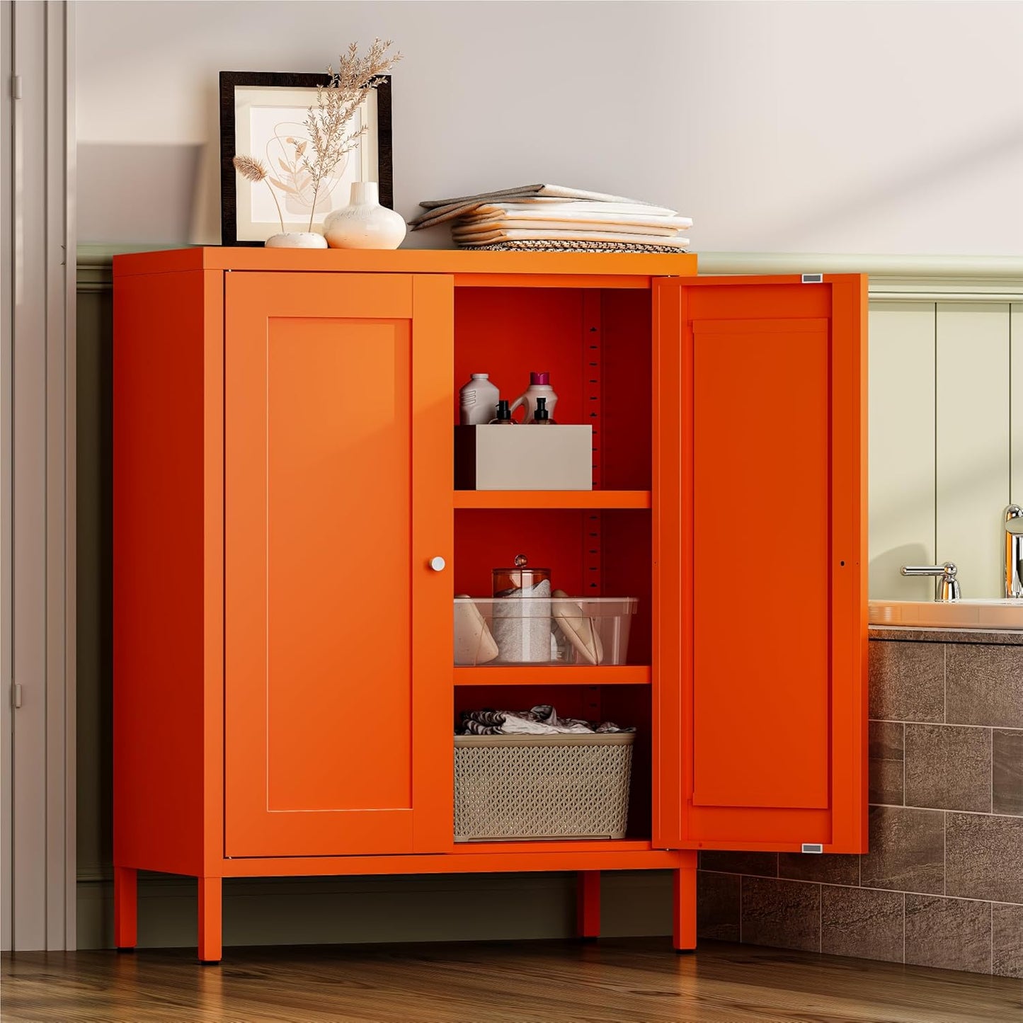 Metal Bathroom Storage Cabinet, Bathroom Floor Storage Cabinet with 2 Adjustable Shelves and 2 Doors,Freestanding Metal Sideboard for Small Spaces, Living Room, Dining Room,Orange