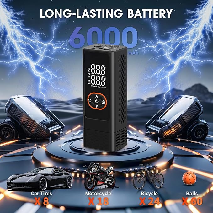 Tire Inflator Portable Air Compressor - 150PSI Air Pump For Car Tires with Digital Pressure Gauge, LED Light and Auto Shut-Off Function - Cordless Pump for Car, Motorcycle, Bicycle, Balls and More