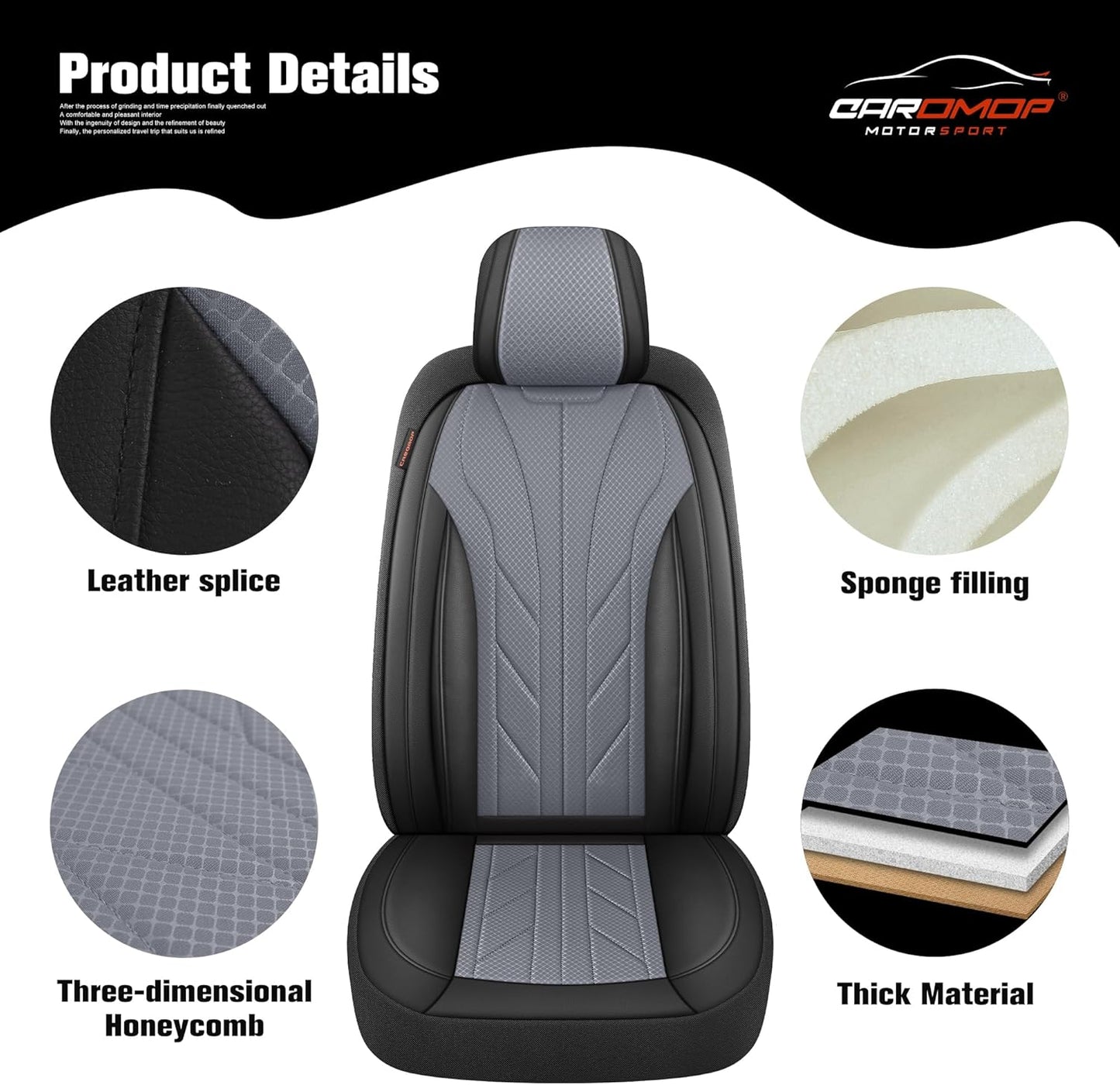 CAROMOP Luxury Faux Leather&Fabric Car Seat Covers Full Set with Breathable 3D Foam Back Support,Universal Comfortable Seat Covers for Cars,Trucks,SUVs, Front Armrests Compatible(5-Seat Black/Grey)