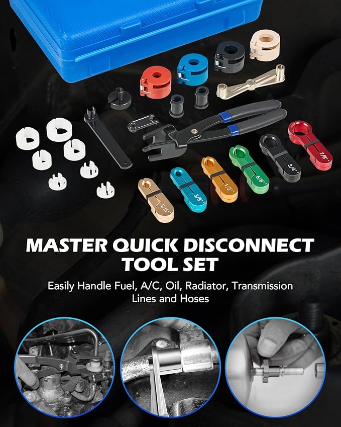 Orion Motor Tech 26pc Master Quick Disconnect Tool Kit, Fuel Line Disconnect Tool Set with Fuel and AC Disconnect Pliers, Fuel Line Removal Tool Set for AC Fuel & Transmission Systems, Blue