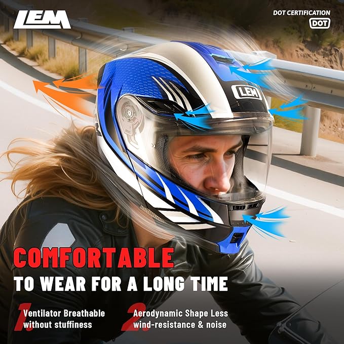 LEM Modular Motorcycle Helmets Fiberglass, Full Face Motorcycle Helmet Flip Up for Touring, DOT Certified, Release Sun Visor & Removable Comfort Liner, Lightweight Street Bike Helmet (Blue, L)
