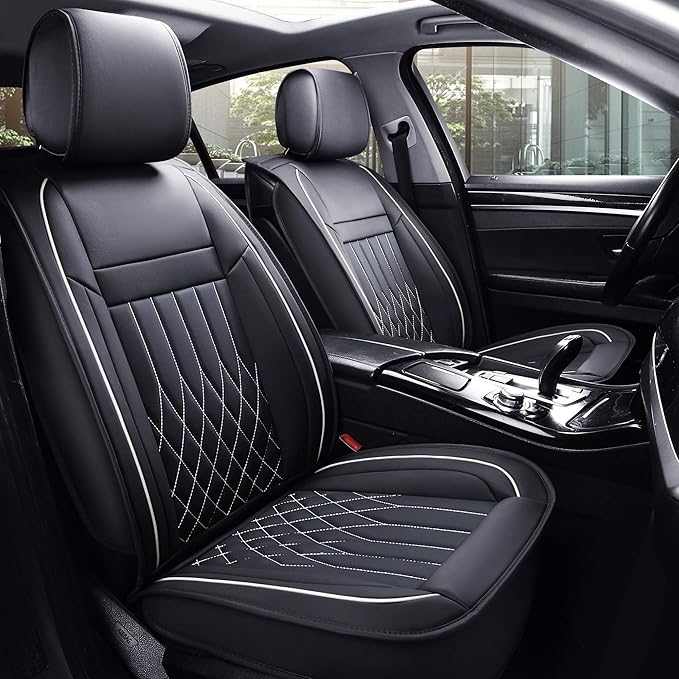 Aierxuan 2pcs Car Seat Covers Front Set with Waterproof Leather, Airbag Compatible Automotive Vehicle Cushion Cover Universal Fit for Most Cars (Black and White)