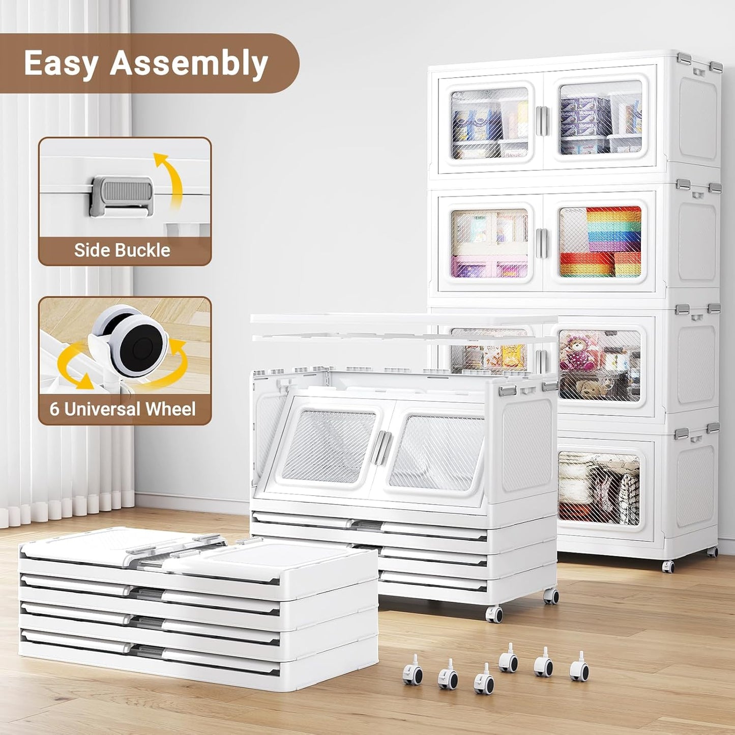 900 Qt Stackable Storage Bin with Lid, 225Gal Extra Large Collapsible Storage Boxes, Folding Plastic Drawer, Heavy-Duty Store Cabinet, Closet Organizer for Home Kitchen, 3 Pack White