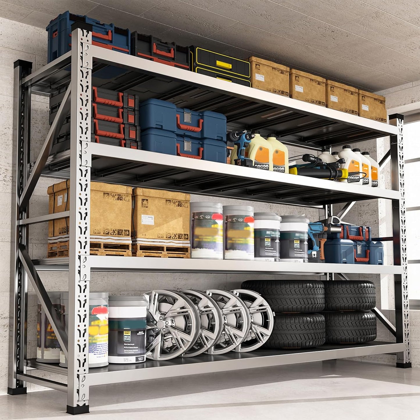 KINGBO 59"W Garage Shelving 3500LBS Heavy Duty Garage Shelving Units and Storage Adjustable 4 Tier Stainless Steel Industrial Shelves Commercial Shelving Rack for Warehouse Basement 20"D x 59"W x 59"H