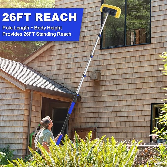 Buyplus 26FT Reach Car Wash Brush with Long Handle, 12-Inch Soft Bristle Head, Truck Wash Brush with 5-20FT Telescoping Pole, Car Washing Brush for Cleaning Car, SUV, RV, Boats, Solar Panels Blue
