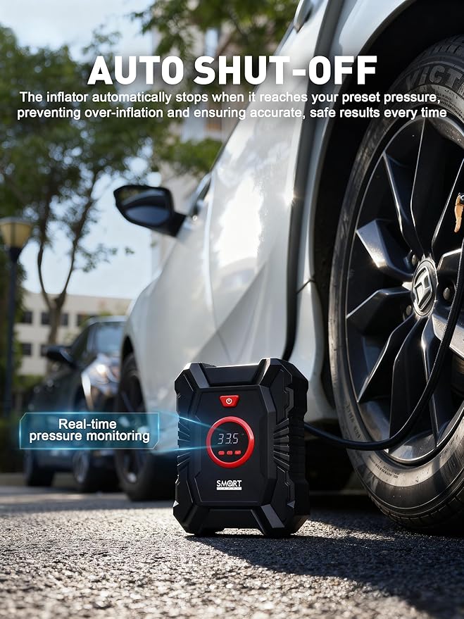 SMART JERRY - 12V Tire Inflator for Car | Digital Tire Inflator Portable Air Compressor for Truck | w/Auto Shut-Off & LED Light & Pressure Gauge | Max 100 PSI Compact Design