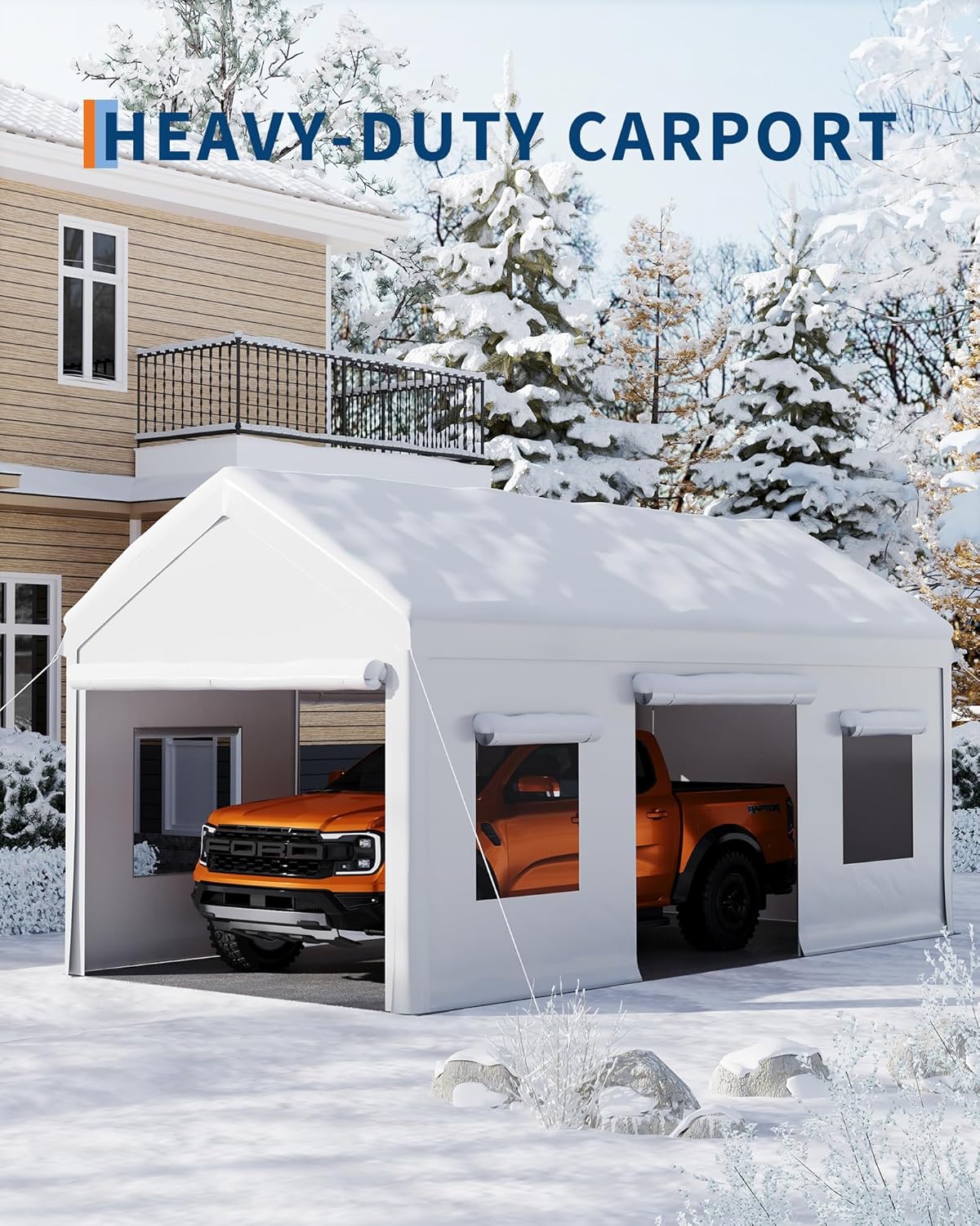 10 x 20FT Heavy Duty Carport with Roll-Up Windows, Portable Garage with Removable Sidewalls & Doors, Portable Car Tent Garage with Roll-Up Windows and All-Season Tarp, for Car, Truck,