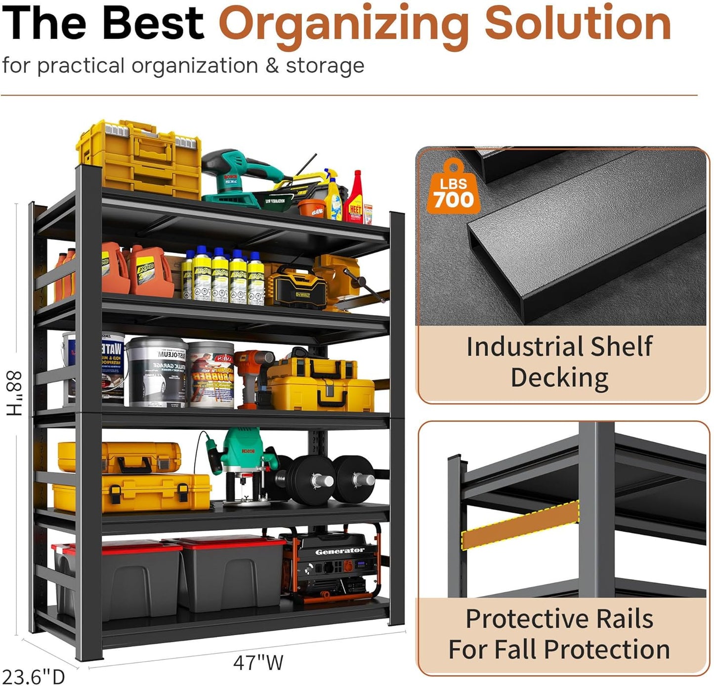 88" H Garage Shelving 5 Tier Storage Shelves Heavy Duty 3800LBS Adjustable Shelf Unit Metal Garage Shelving for Warehouse Industrial Basement, 88" H x 47" W x 24" D, Black