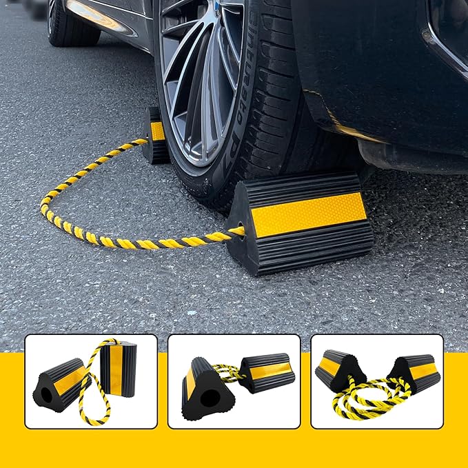 Wheel Chocks (2pair/4pack with Rope) for RV Trailer Camper Truck Car Aircraft, Versatile Heavy Duty Rubber Wheel Chocks Block with 3 Reflective Strips, Tire Wheel Immobilizers & Chocks