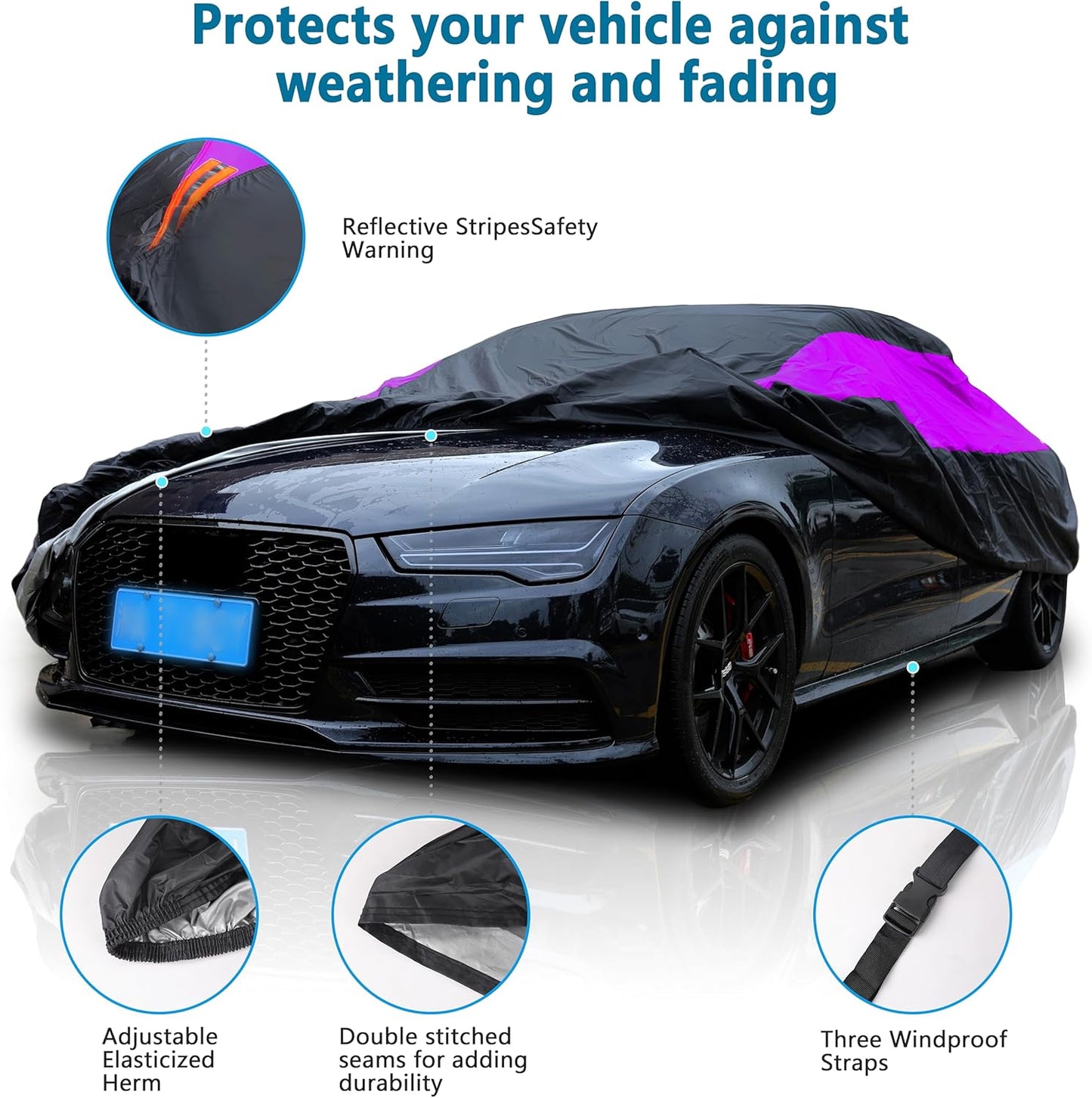 MORNYRAY Waterproof Car Cover All Weather Snowproof UV Protection Windproof Outdoor Full car Cover, Universal Fit for Sedan (Fit Sedan Length 207-216 inch, Purple)