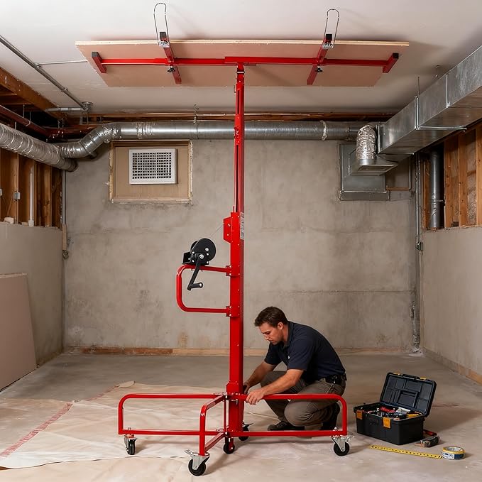 16FT Drywall Lift Sheetrock Lift, 150LBS Drywall Lift Panel Hoist with 4 Lockable Wheels for Ceiling, Drywall Rolling Lifter Panel, Drywall Jack Lift for Home & Commercial Use, Red