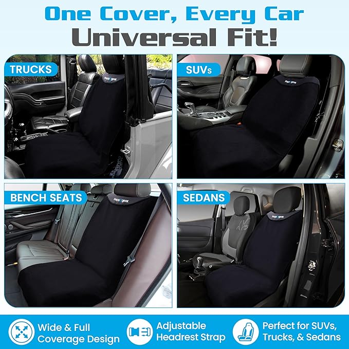 HAPPEGEAR Happeseat Waterproof Car Seat Cover & Protector – Universal Fit Car Seat Towel Cover – Non-Slip Backing, Easy Install & Storage, Machine Washable, Fits Front & Back, Black