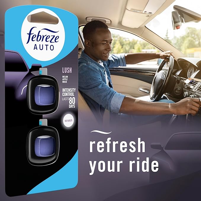 Febreze AUTO Air Freshener, Odor-Fighting Automotive Vent Clip, Lush Scent, 8 Count