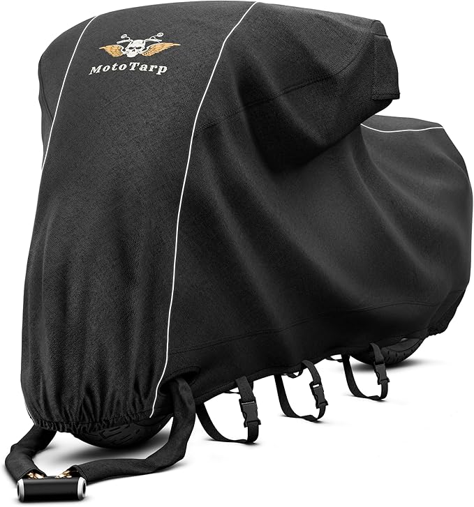 600D Heavy Duty Motorcycle Cover 100% Waterproof; License Plate Window, Exhaust Heat Guard, Night Reflectors, Wheel Lock Slots (Black, 4XL 118X44X59)