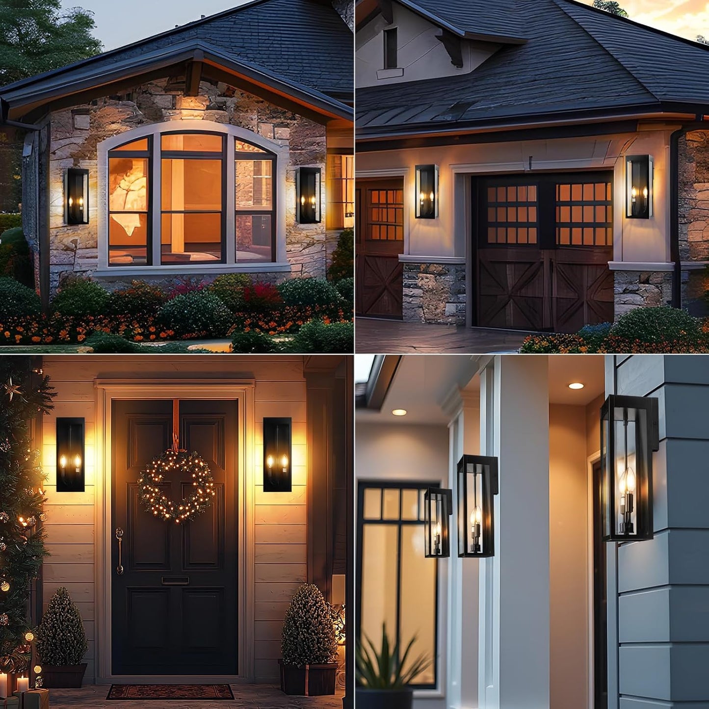 Outdoor Wall Lights 16 Inch Large, 2 Pack Black Modern Exterior Lighting Fixtures Wall Mounted with 2 Candle Light, Waterproof Outside Sconce Coach Garage Lanterns Porch Lamps for House E12